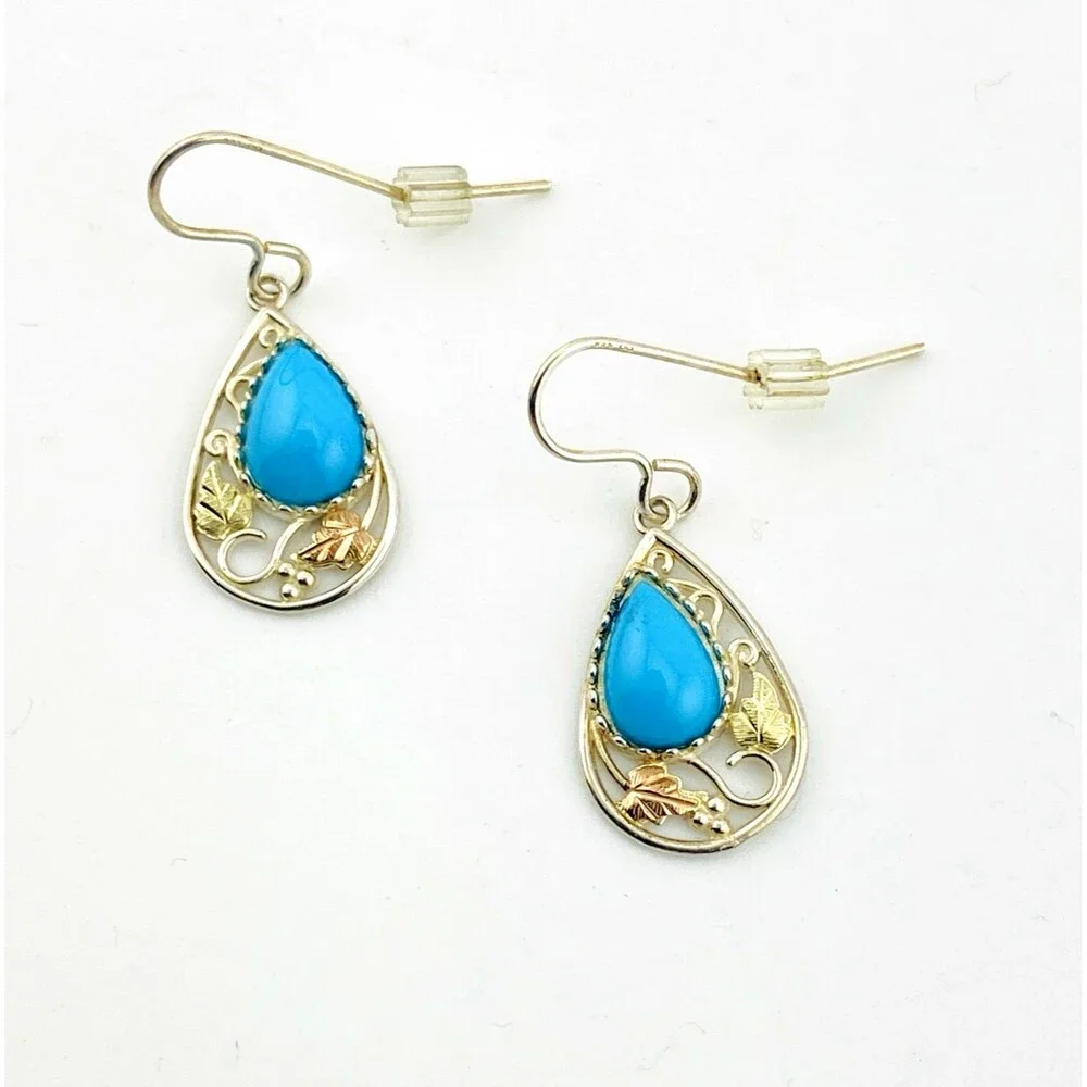 Vintage Coleman Black Hills Gold Turquoise Drop Earrings Sterling Silver and 12k